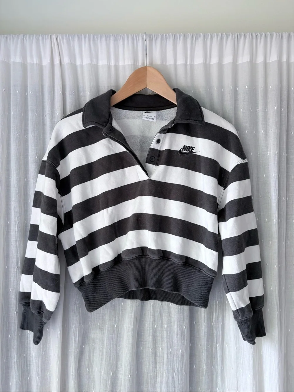 Nike Black and White Striped Cropped Rugby Sweatshirt